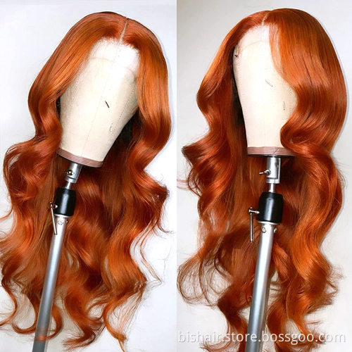 Density orange-red 100% real human hair T-part lace front wig suitable for women 150% real hair lace front wig body wavy orange